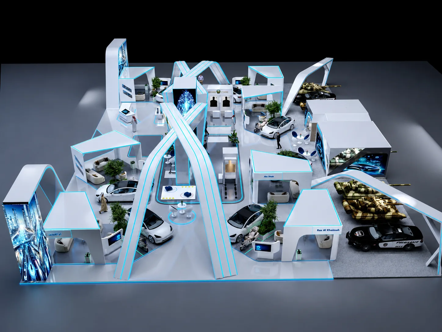 Ministry of Interior pavilion aerial view with vehicle displays UAE