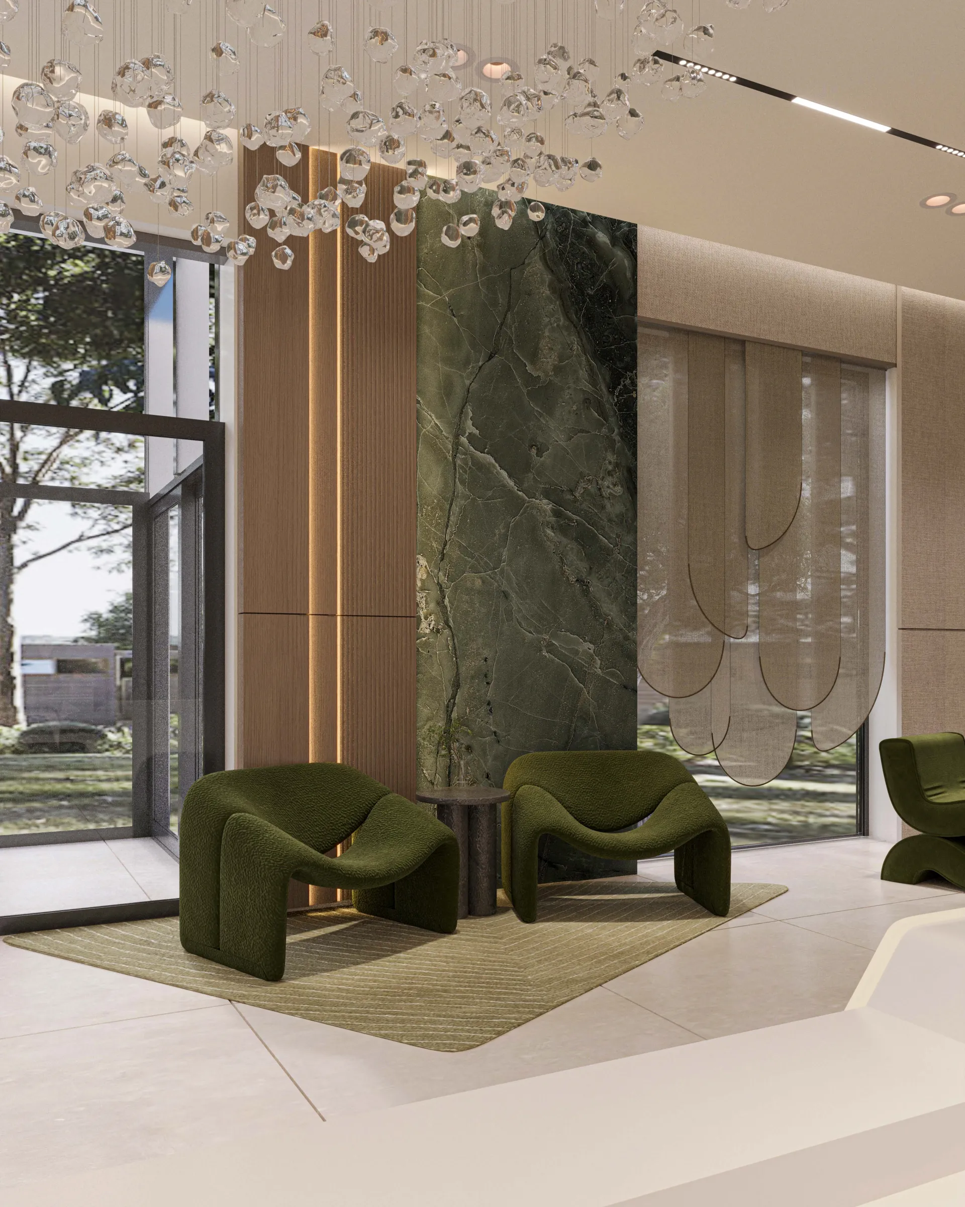 Green accent lounge with marble feature wall interior UAE