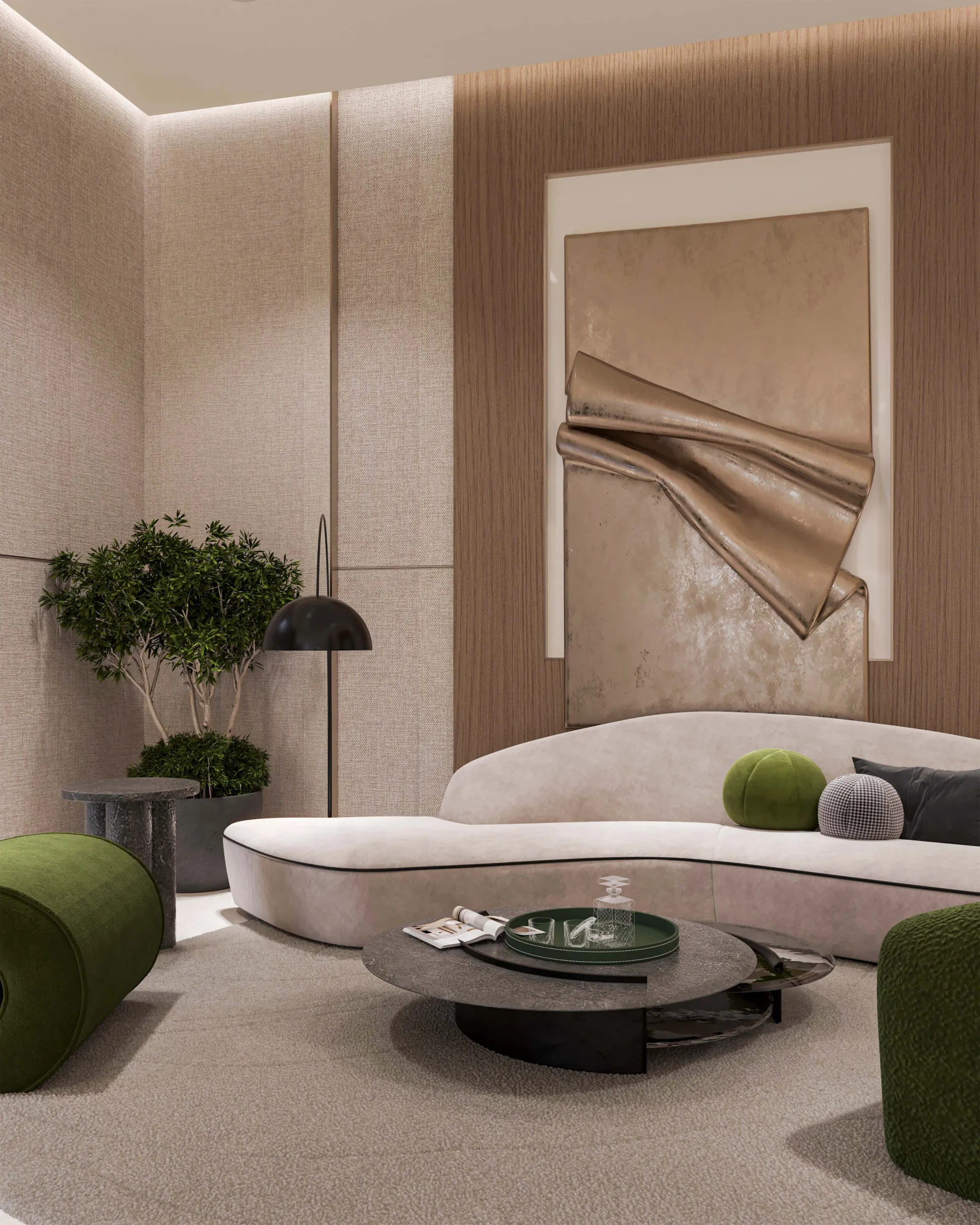 Curved sofa lounge with bronze wall art interior design UAE