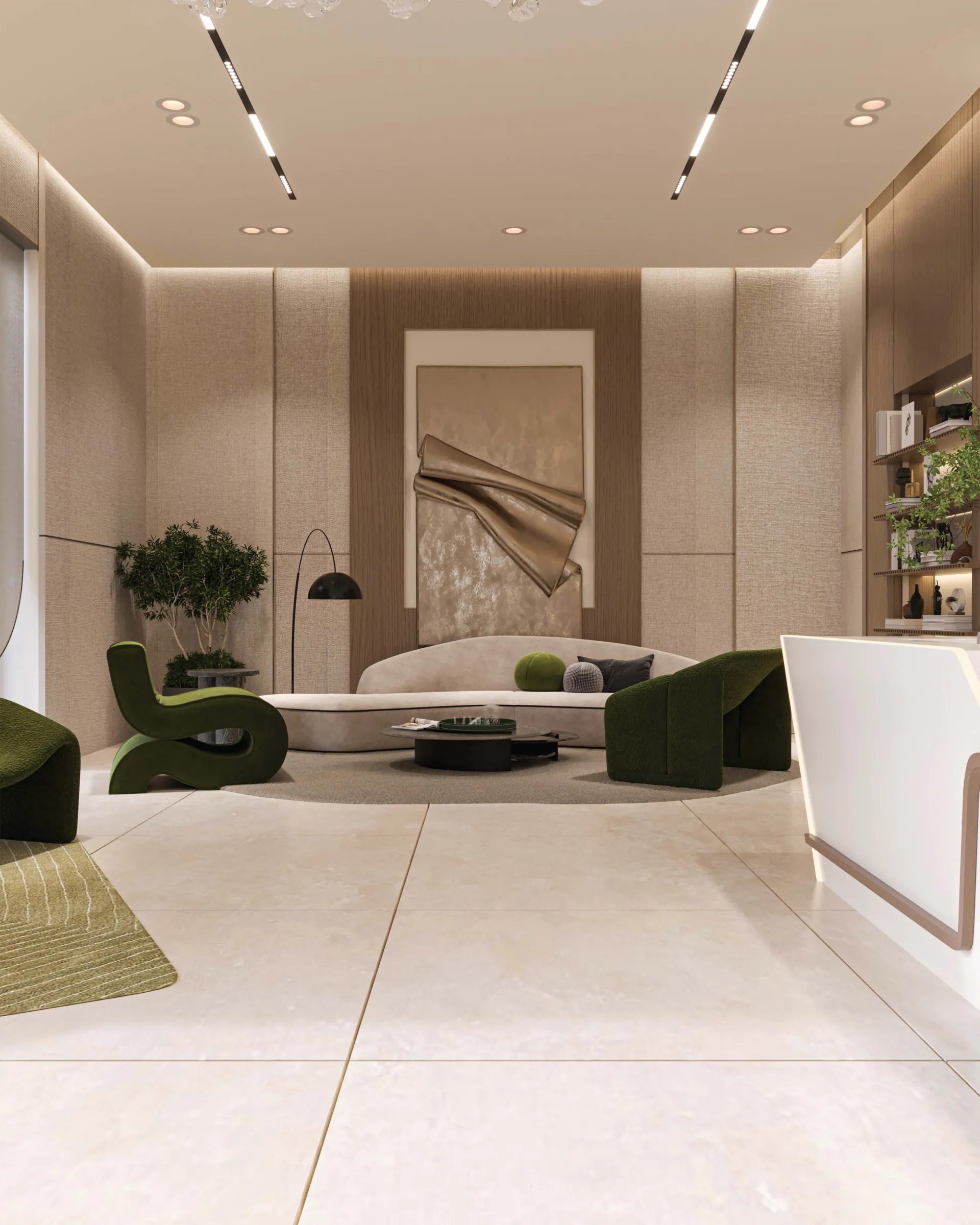 Contemporary lounge with sculptural seating interior design UAE