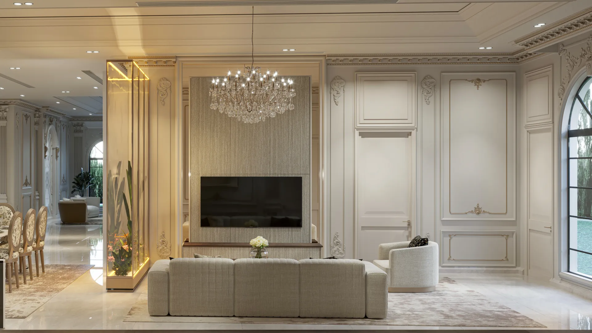 Classic villa living room with crystal chandelier interior design UAE