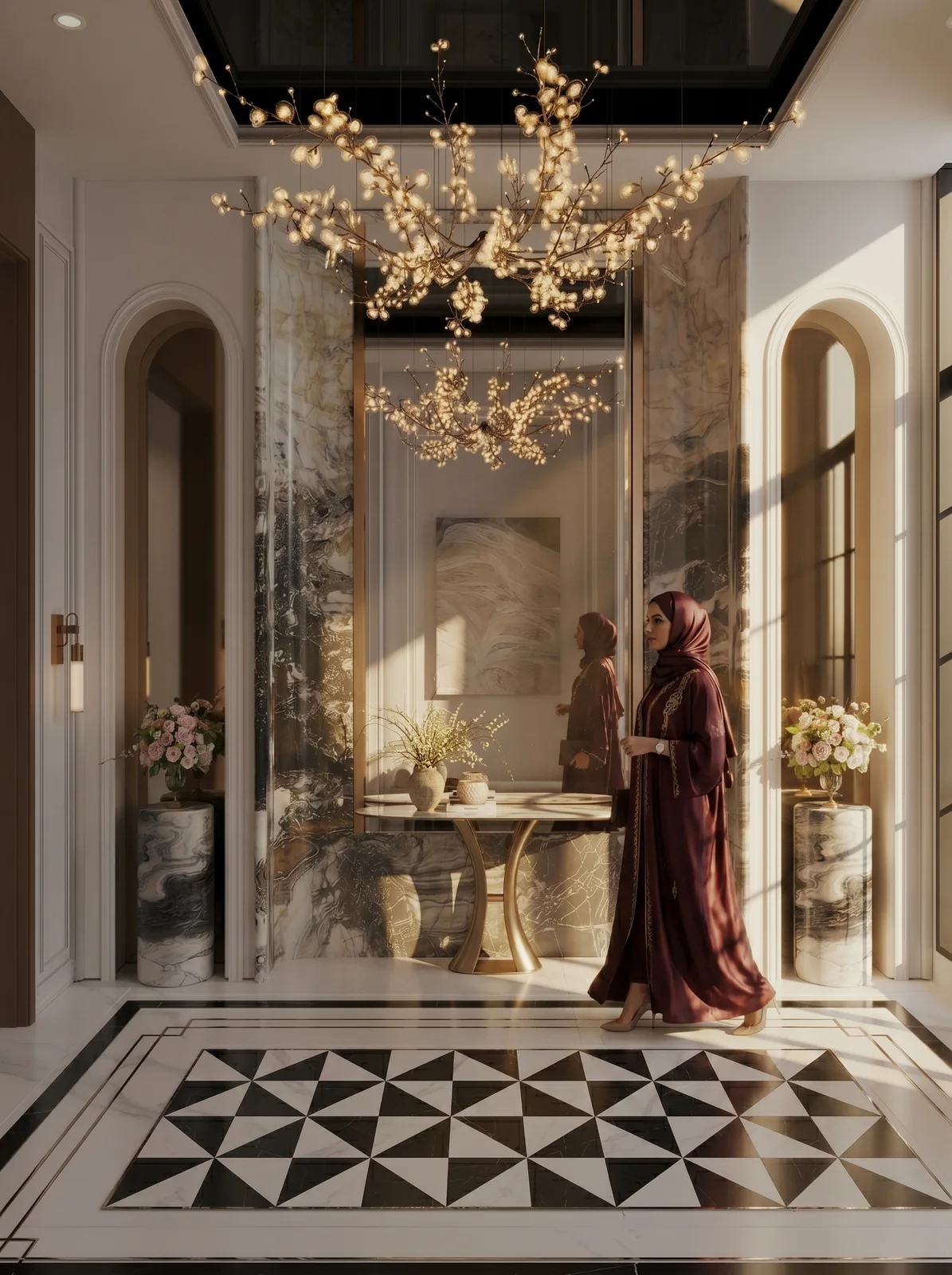 Grand entrance foyer with marble and gold chandeliers UAE