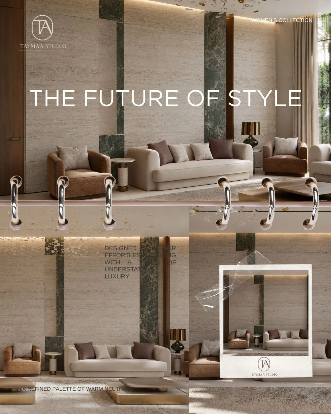 Warm neutral living room styling concept edit Taymaa Studio UAE