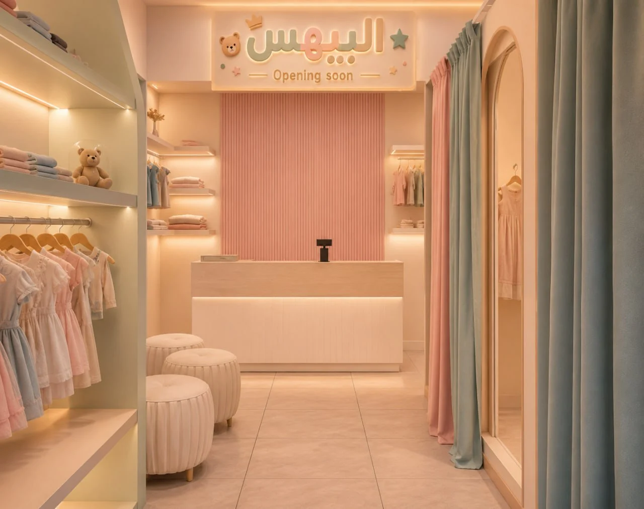 Pastel kids boutique reception counter interior design UAE