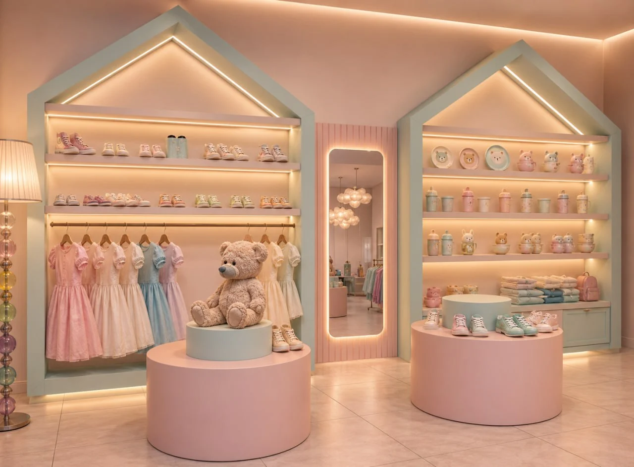 Pastel kids boutique retail floor with house-shaped shelving interior UAE