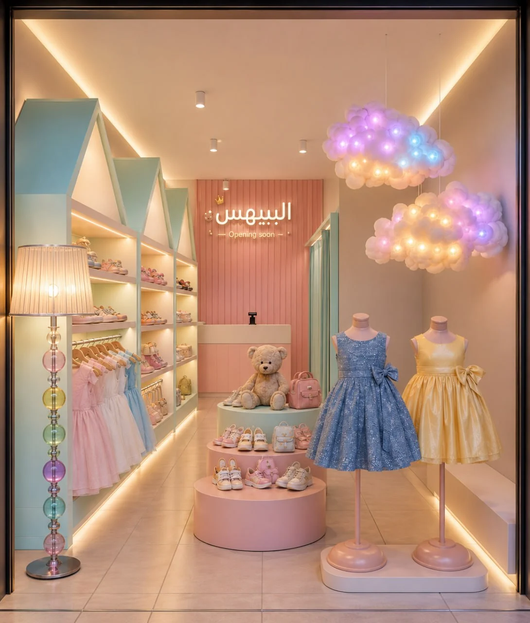 Pastel kids boutique storefront with cloud lighting interior design UAE