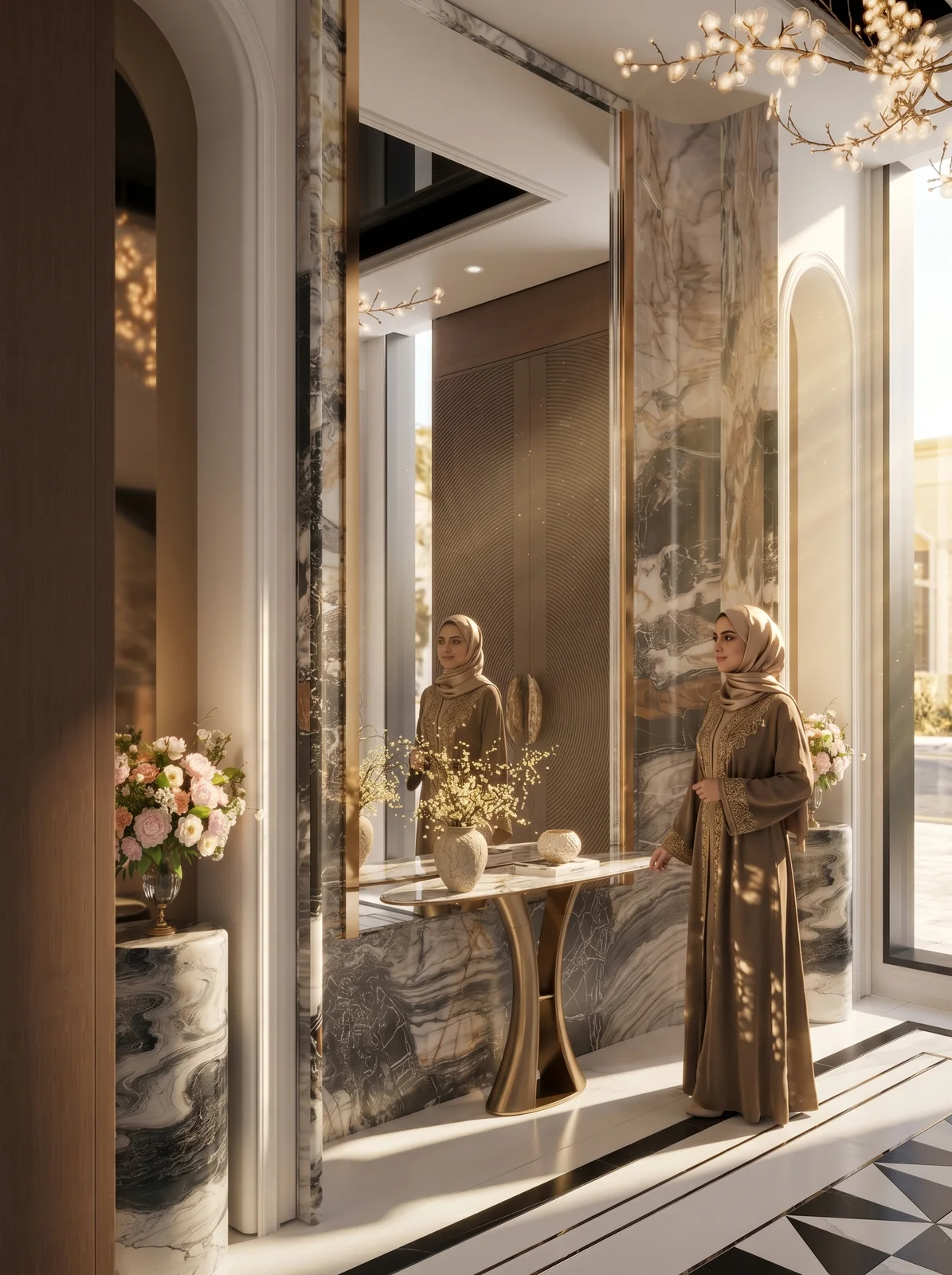 Entrance foyer detail with marble console and gold accents UAE