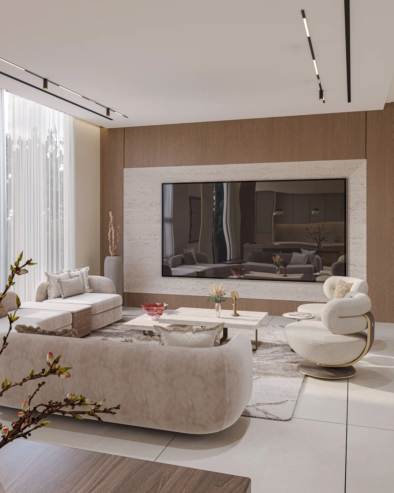 Living room first floor modern travertine interior view 1 UAE