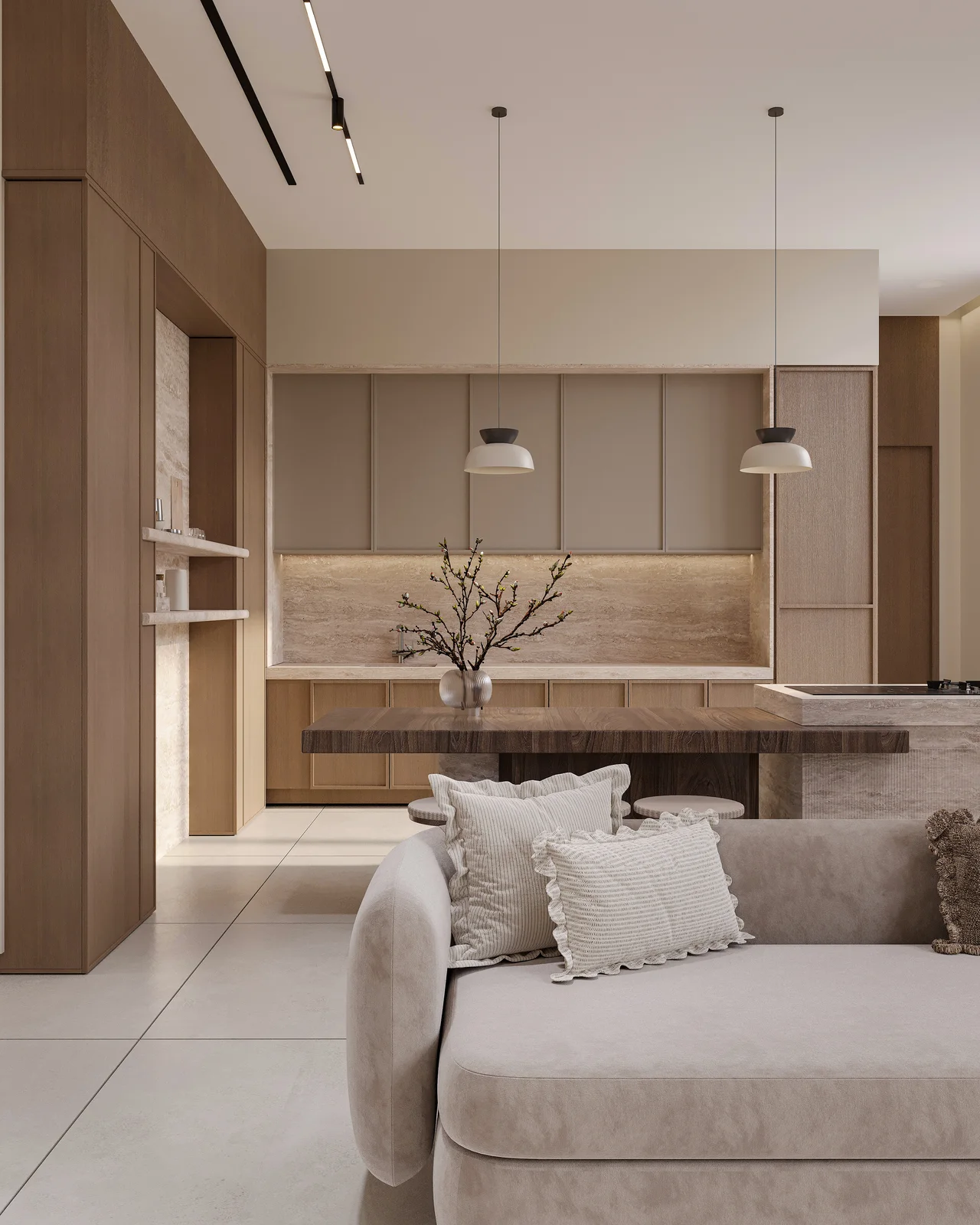Living room first floor modern travertine interior view 2 UAE