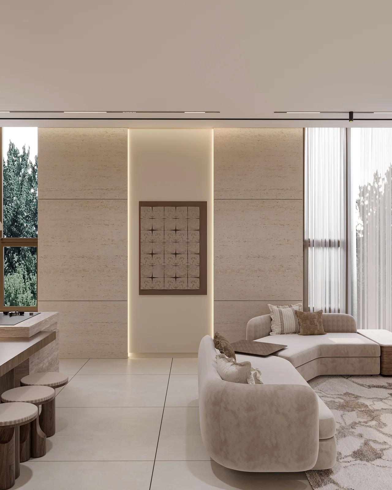 Living room first floor modern travertine interior view 3 UAE