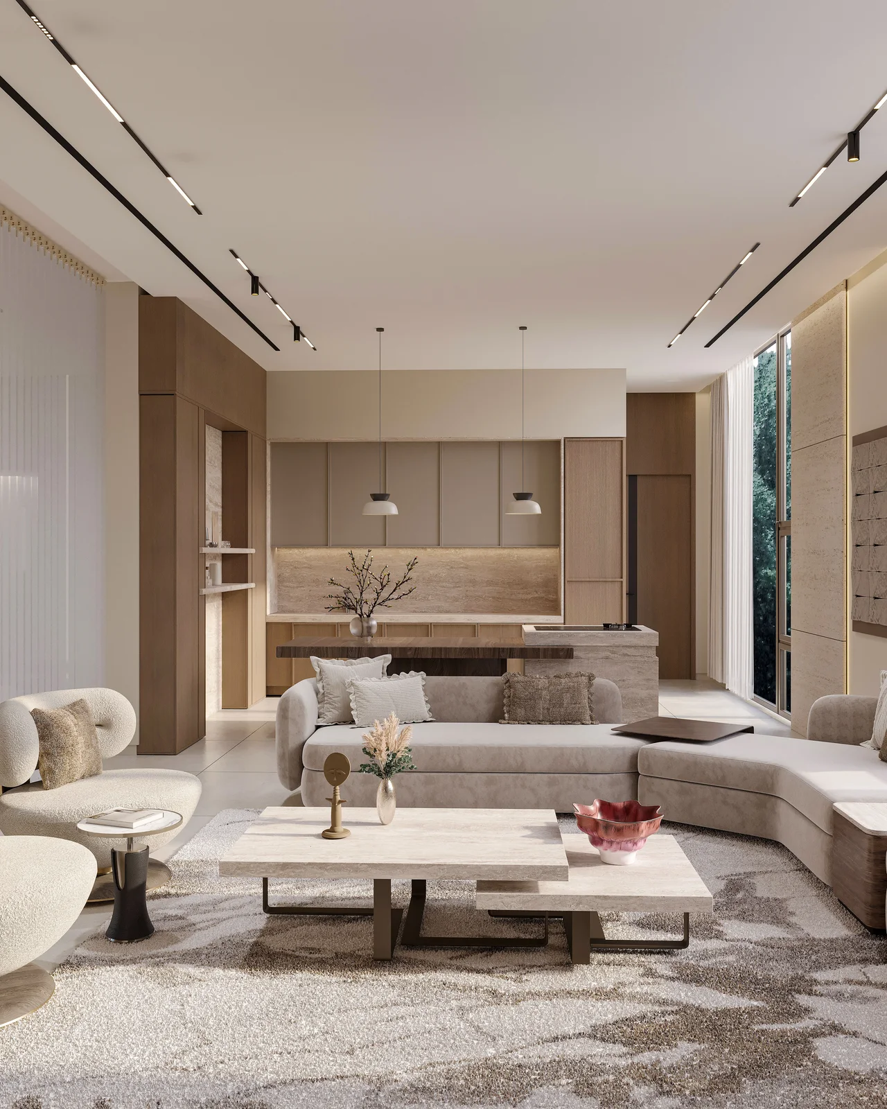 Living room first floor modern travertine interior view 4 UAE