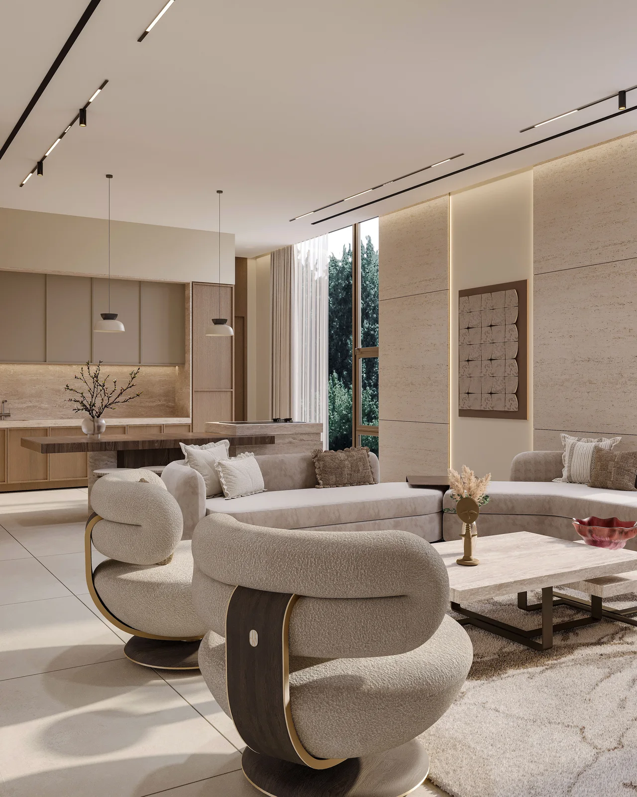 Living room first floor modern travertine interior view 5 UAE