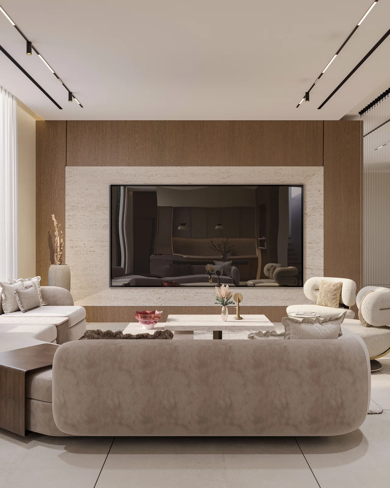 Living room first floor modern travertine interior view 6 UAE