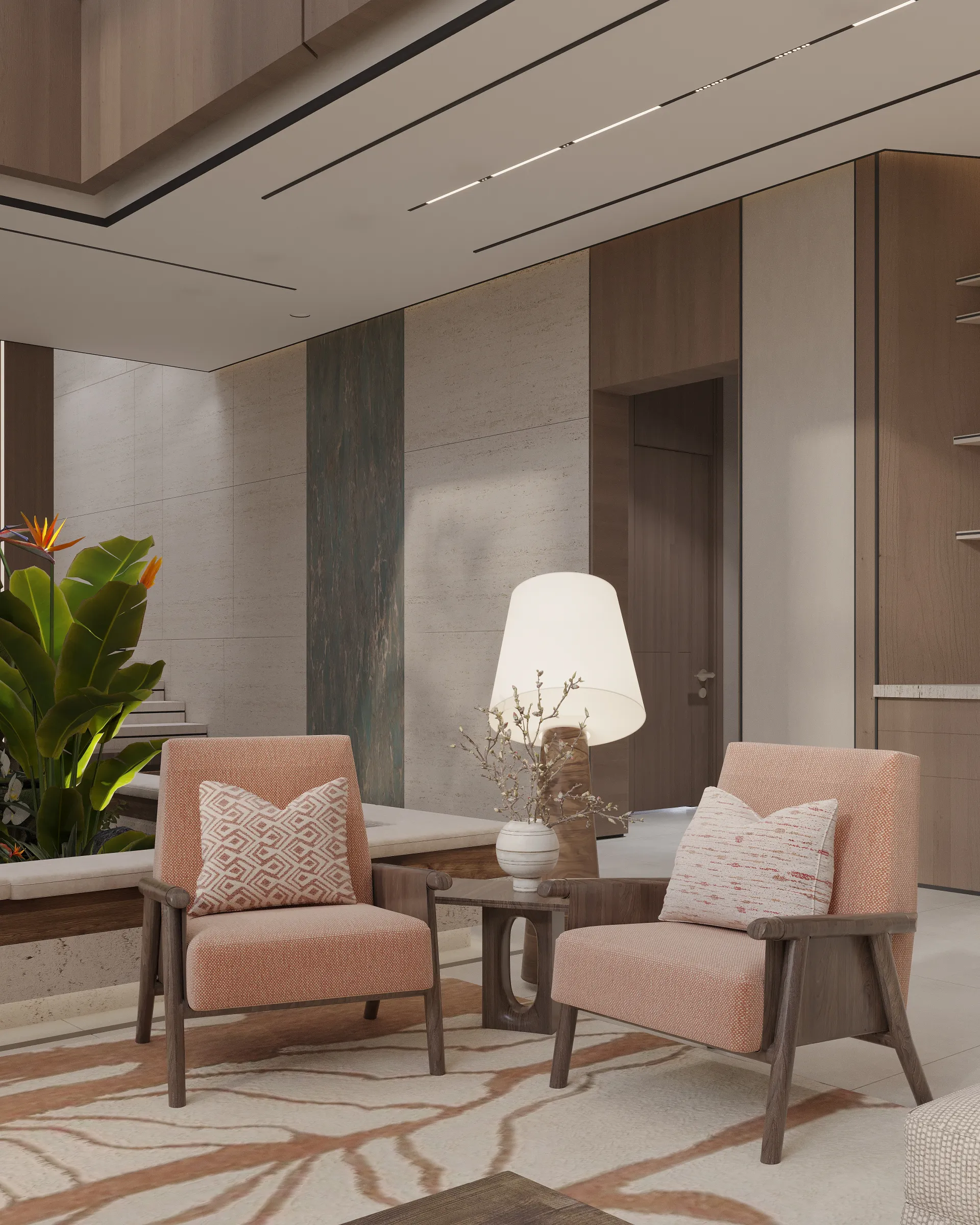 Grand living hall interior design with chandelier Abu Dhabi