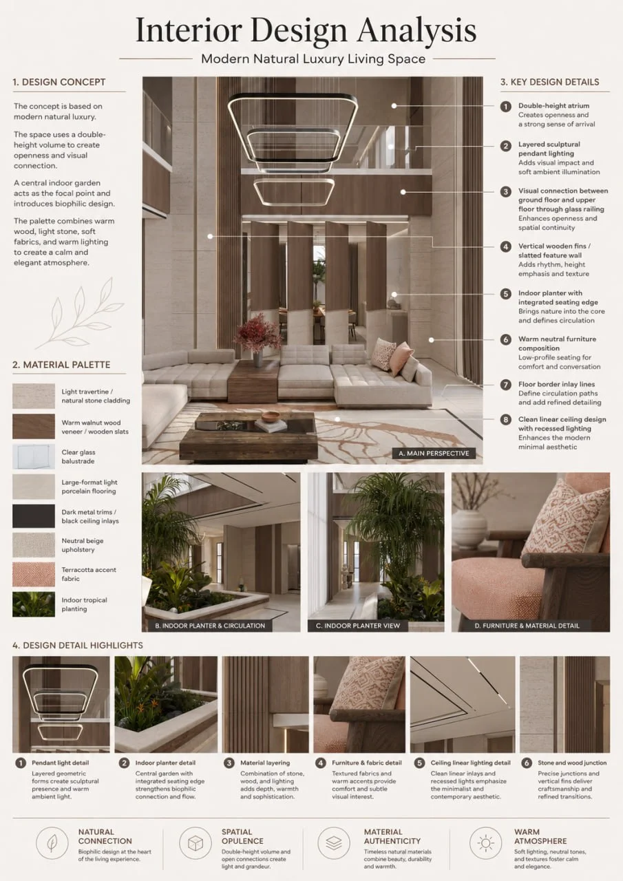 Interior design analysis board — modern natural luxury living space with central indoor garden, material palette and key design details