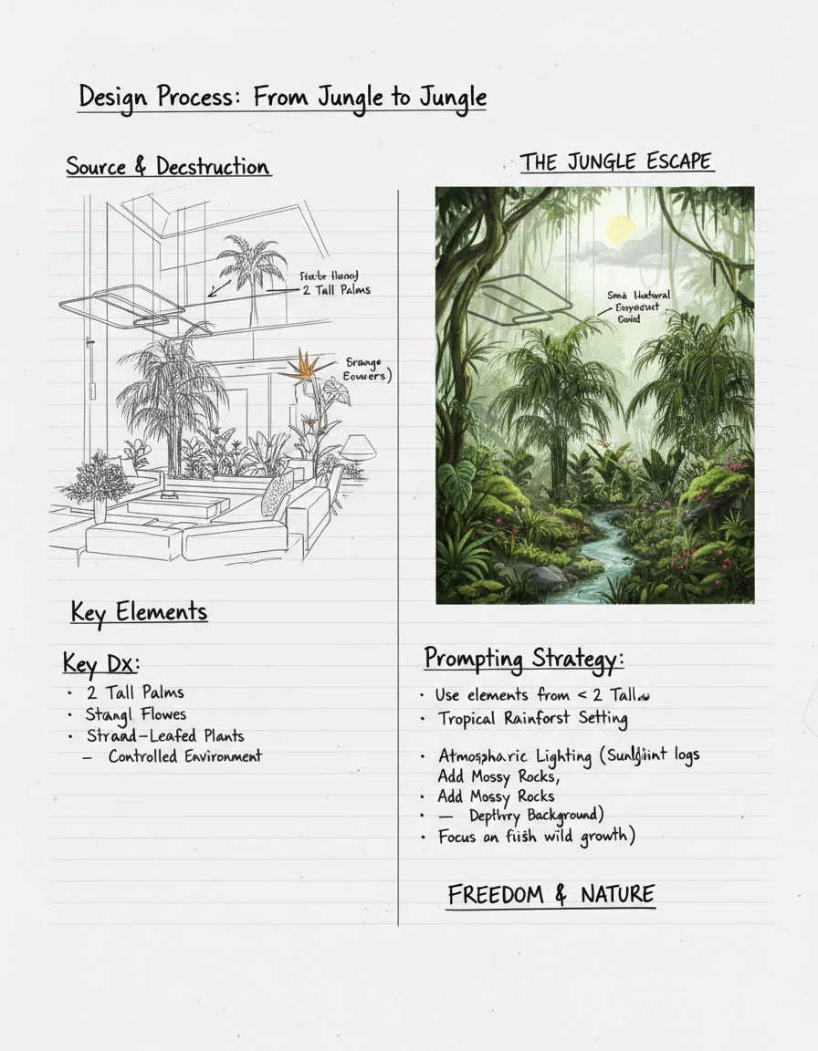 Design process concept sketch — deconstructing a modern interior into a tropical jungle-inspired indoor garden