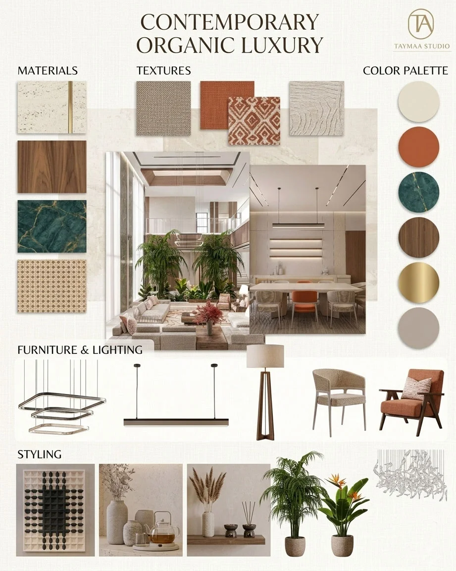 Contemporary organic luxury moodboard — materials, textures, colour palette, furniture, lighting and styling by Taymaa Studio