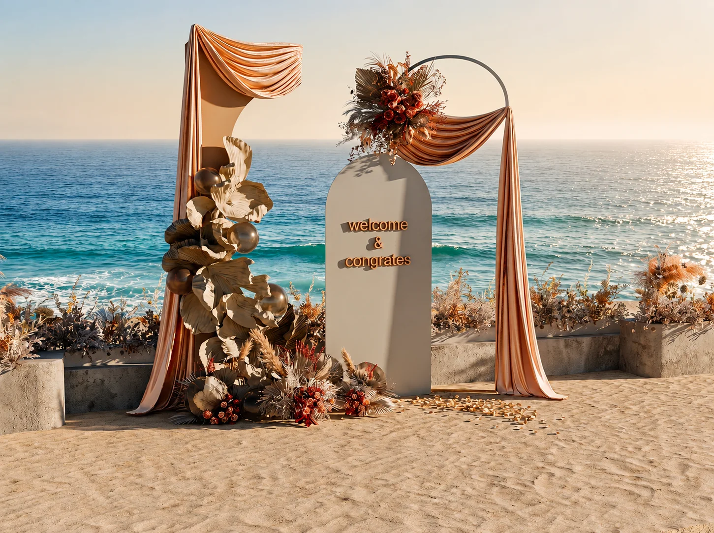Beachfront wedding welcome arch with draped fabric and floral styling UAE