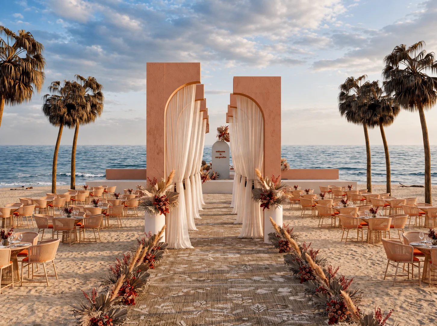 Wedding celebration decor styling with drapery and flowers UAE